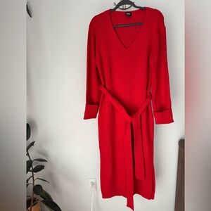 INC Red Knit Dress Size Medium With Belt Side Slits Pullover Dress